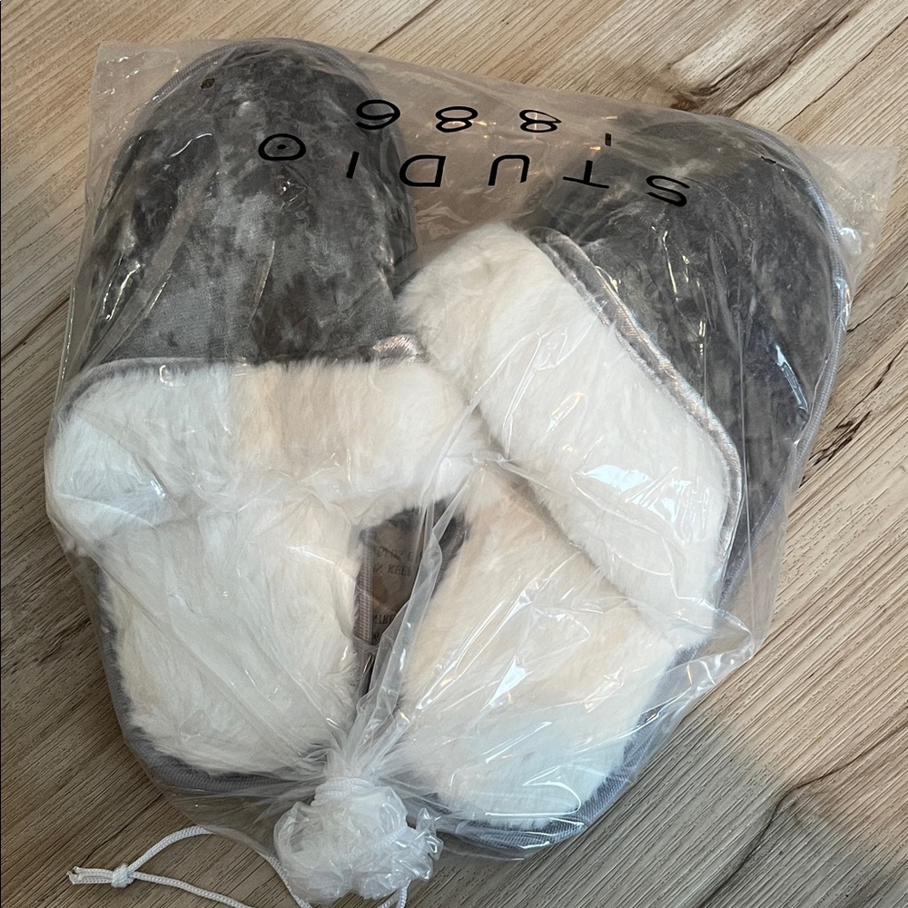 Studio Plush Gray and White Slippers